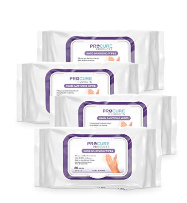 ProCure Hand Sanitizing Wipes 4 Pack, 320 Moisturizing Cloths with Aloe and Vitamin E - Kills 99.99% of Germs – Safe for Eating - Antiseptic, Antibact
